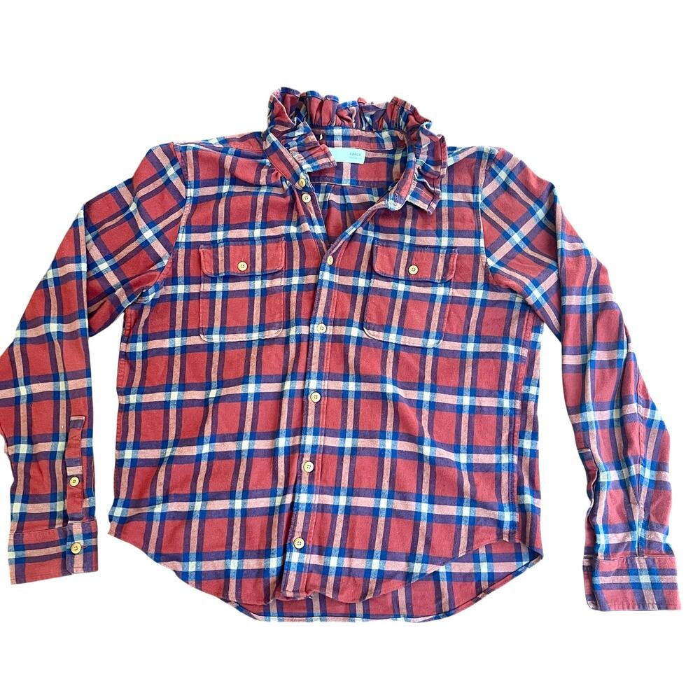 KMJ Quarantina Plaid Ruffle Collar Boyfriend Shirt Large Made in USA Preppy $228